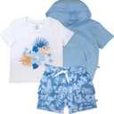 3 Piece Short Sleeve Top, Short and Hoodie Set for Infant Baby Boys, Girls, Unisex (6-9 Months, Tropic Shadow Chambray)
