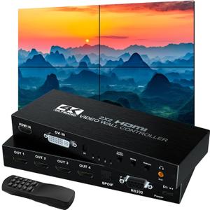Video Wall Controller 2X2, Video Wall Processor 4K x 2K HD Display HDMI and DVI Input, 1080P@60Hz Output, 5.1CH Audio,180 Degree Rotate, 9 Splicing Display 2x2, 1x2, 1x3, 1x4, 2x1, 3x1, 4x1