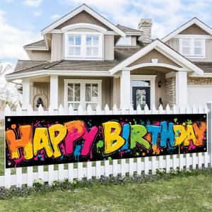 Happy Birthday Banner Graffiti-Style Backdrop Colorful Paint Splatters 118x20 inches Vibrant Party Decor Supplies Fun Celebration Decoration Party Photo Backdrop Wall Hanging Banner
