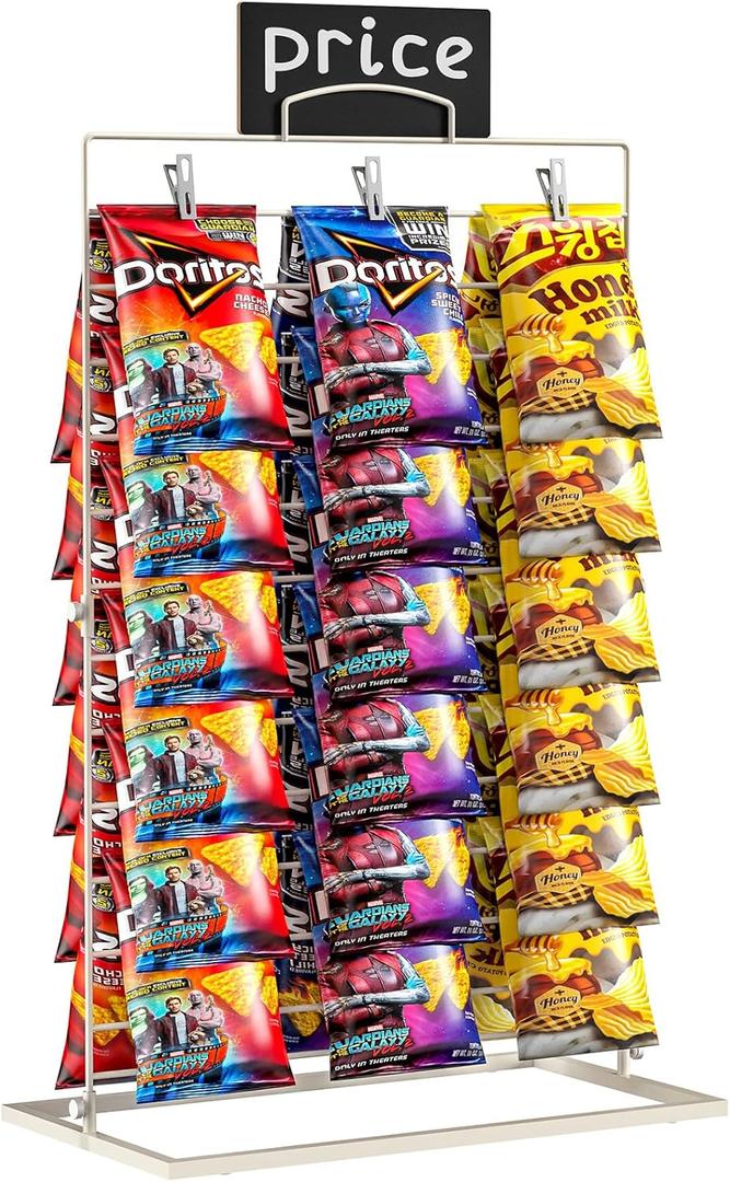 TJ.MOREE Chip Rack Display Stand, Chip Bag Holder for Party Display 3-Row 60 Clips Countertop Snack Hanger, Snack Retail Display Rack for Party, Concession (White)