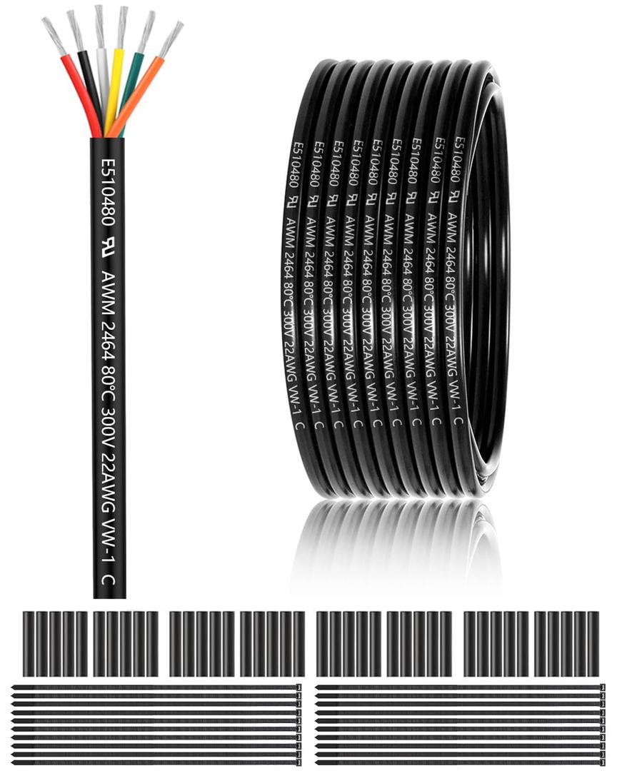 22 Gauge 6 Conductor Electrical Wire 100FT, UL 2464 22 AWG 6 Wire Cable Tinned Copper PVC Stranded 22/6 Core Wire for LED Lighting, Outdoor Low Voltage Extension Cable, Automotive etc.