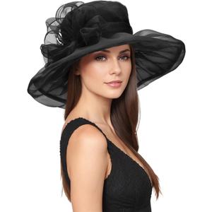 Zando Kentucky Hats Derby for Women 2025 Elegant Tea Party Hats Organza Victorian Church Wedding Fascinator Hat (One Size)(Black)