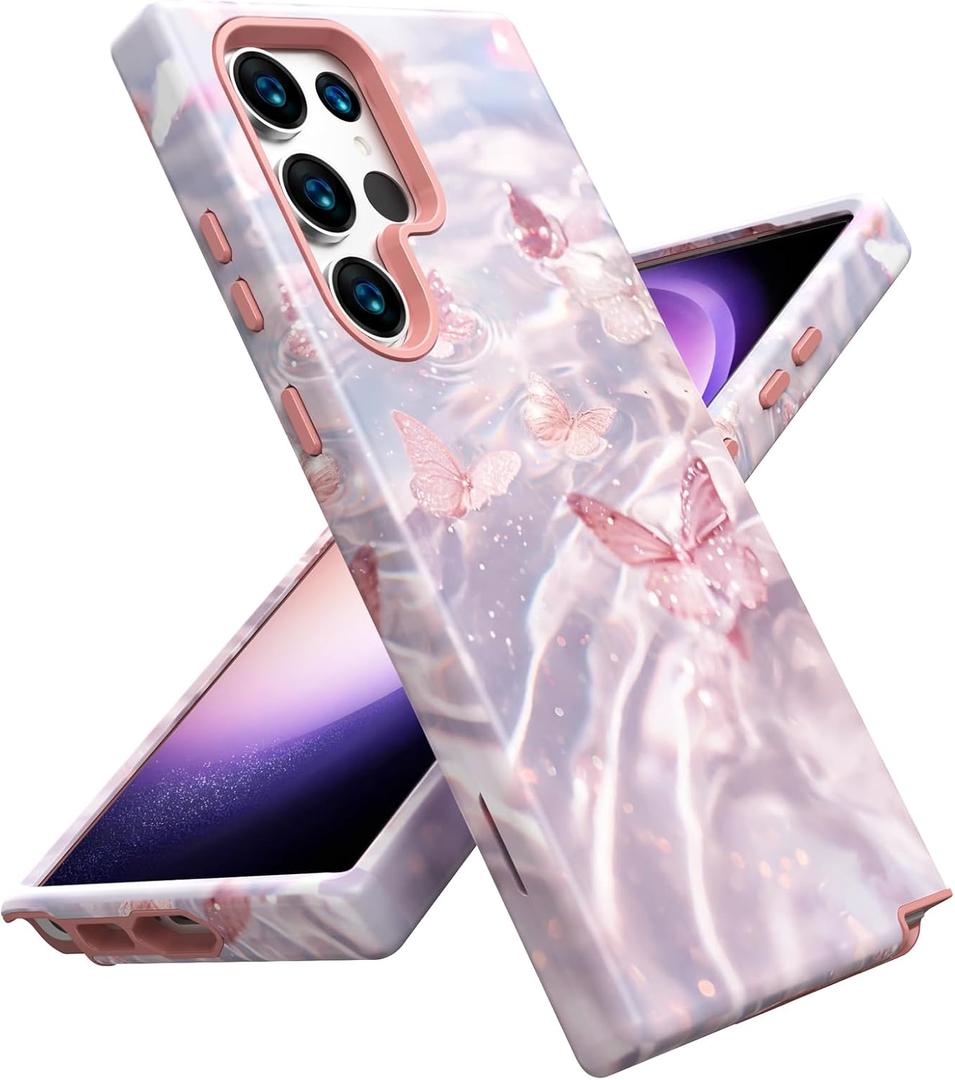 ACKETBOX for Samsung Galaxy S23 Ultra Case,Shockproof Dropproof Protective Phone Wireless Bumper Cover,Heavy Duty Protection Hybrid Designed for Anti Drop,Anti Scratch,Pink Butterfly
