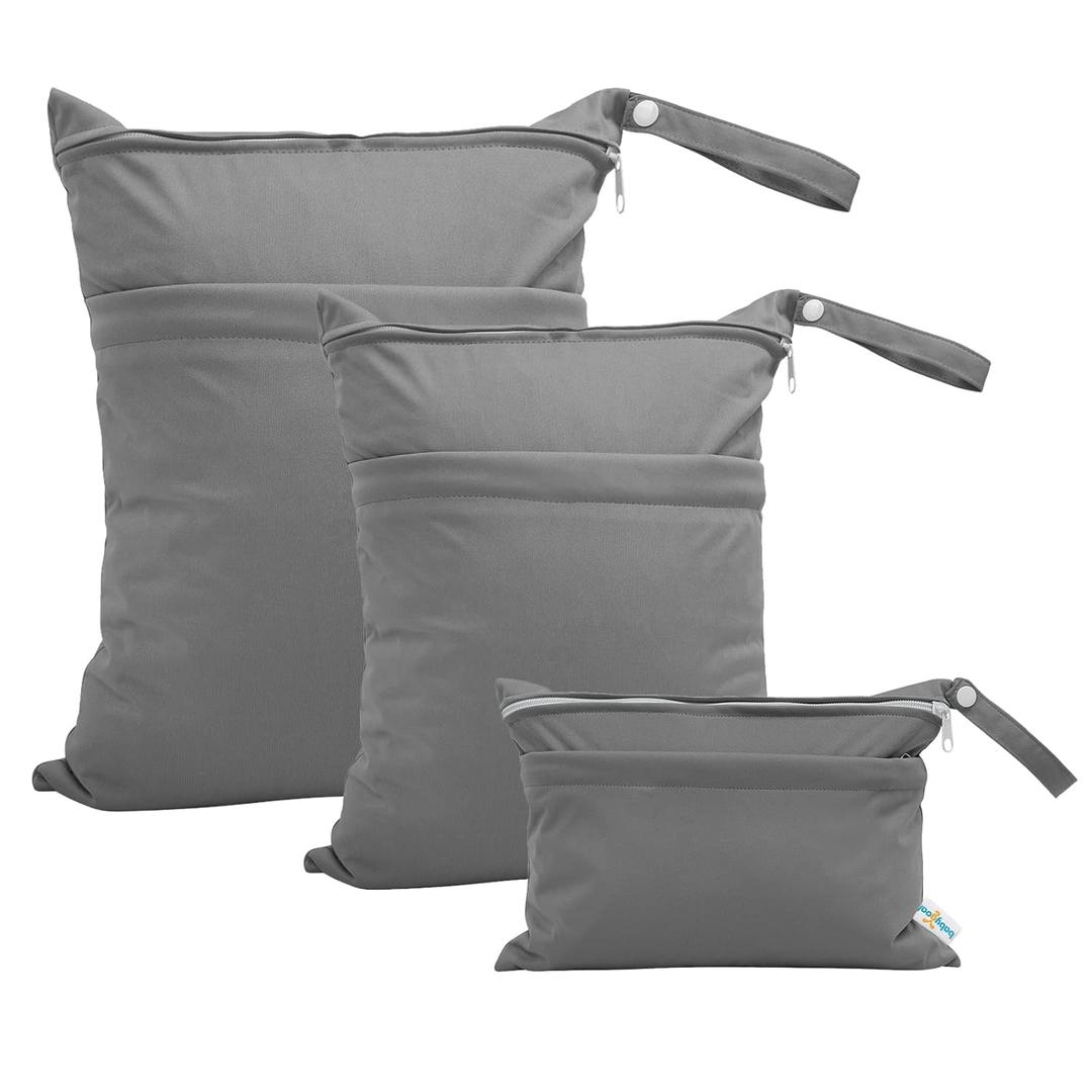 babygoal Wet Dry Bags for Baby Cloth Diapers, Washable Travel Bags, Beach, Pool, Gym Bag for Swimsuits & Wet Clothes with Two Zippered Pockets 3 Pack(S,M,L), 3SML01 (Grey)