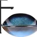 Bathroom Boat Shape Artistic Glass Vessel Sink Free Black Faucet and Pop-up Drain Set, Blue, 21x13.4 inches