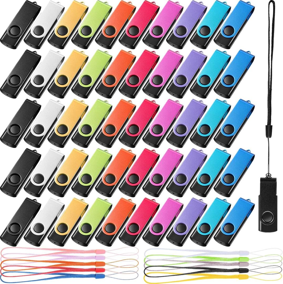 50 Pack 256MB USB 2.0 Flash Drives Bulk with Lanyards Portable USB Thumb Drives Swivel with LED Light Swivel Flash Drive for Office School Data Storage Backup