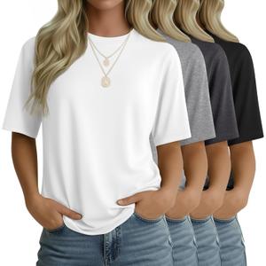 4 Pack Women's Half Sleeve T Shirts 1/2 Sleeve Basic Crew Neck Tops Elbow Length Casual Loose Fit Summer Tees (X-Large, White, Light Gray, Dark Gray, Black)