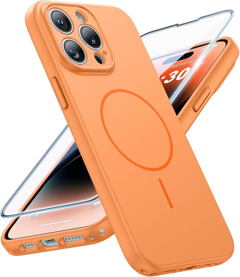FNTCASE for iPhone 14 Pro Max Case Orange: [Compatible with Magsafe] Solid Matte 14 Pro Max Magnetic Phone Cover with [Full Camera Protection] [Screen Protector] Military Grade Shockproof Protective