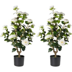 Artificial Camellia Tree 2 Pack - Realistic Camellia Plants in Pot with White Flowers, Lifelike Faux Greenery for Living Room, Patio, or Wedding, White