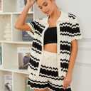 Moreone 2 Piece Lounge Set Women Short Sleeve Striped Crochet Knit Sets Two Piece Button Up Pajamas with Drawstring Shorts (Green, M)