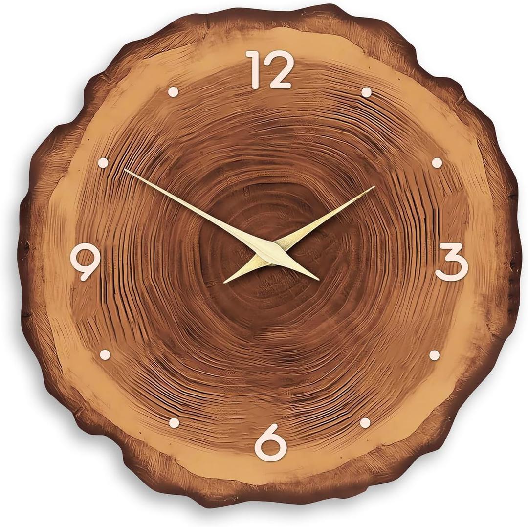 XNM Brown Wooden Clock Battery Operated 14 Inch Farmhouse Wall Clock for Bedroom Decor Rustic Annual Ring Wall Clock Silent (MDF No Solid Wood)