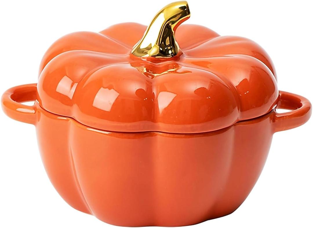 Dutch Oven Pot with Lid, 15 Oz Cute Pumpkin Ceramic Dessert Saucepan with Handle, Mini Pumpkin Bowl Baking Dish, Covered Stockpot Pottery Casserole, Halloween Thanksgiving Decor (Orange)