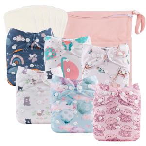 babygoal Reusable Cloth Diapers 6 Pack+6pcs Rayon from Bamboo Inserts+Wet Bag, One Size Adjustable Washable Pocket Nappy Covers for Baby Girls and Boys 6FG38 (Rabbit & Bear)