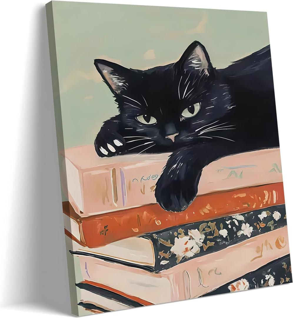 Framed Black Cat Canvas Wall Art, Funny Cat lying on a pile of books Painting, Abstract Animal Posters Prints Wall Decor for Living Room Bathroom Gallery Dining Room Decor 16x24 inch