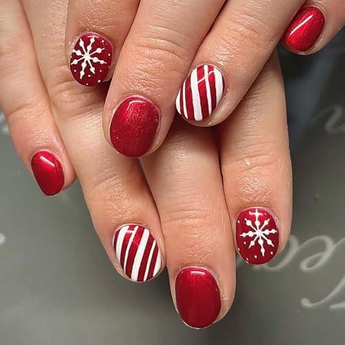 Christmas Press on Nails Extra Short Square MABKJLF Red Fake Nails False Nails with Designs Snowflake Full Cover Glossy Glue on Nails Acrylic Nails for Women Girls 24 Pcs Pack of 2