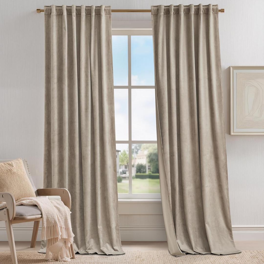 KGORGE Taupe Velvet Curtains 96 inches 2 Panels, Elegant Velvet Blackout Curtains for Bedroom Living Room, Soft Room Darkening Thermal Insulating Window Drapes, Back Tab Rod Pocket, W 52 x L 96