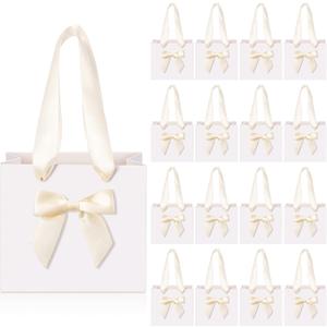 Kolldenn 50 Pcs Mini Gift Bags with Beige Bow Ribbon 4''x2.7''x4.5'' Small White Paper Thank You Goodie Gift Bags Bulk with Handle for Baby Shower Wedding Party Favor Birthday Return Guests