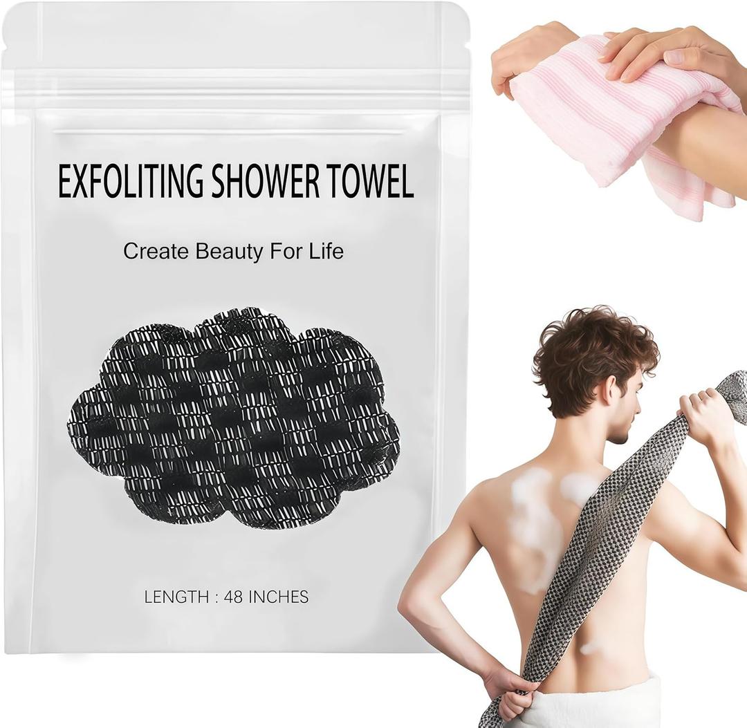 Exfoliating Shower Towel, 2-in-1 Towel, Premium Scrub Wash Cloth for Body Face, Exfoliating Towels-Body Scrubber with 2 Sides for All Skin Types (Black)