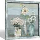 Flower Wooden Framed Wall Art: Abstract White Floral Bossom in Vase Picture Elegant Bouquet Painting Magnolia Artwork Rustic Botanical Prints for Bedroom Living Room Bathroom