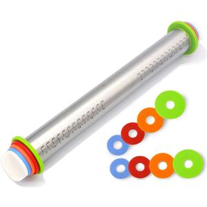 Adjustable Rolling Pin with Thickness Rings for Baking,17" Stainless Steel Dough Roller,Measurement Markings Rolling Pins For Pizza, tortilla,Pie,Pasta,Fondant,Cookies,Perfect for Chefs & Home Bakers
