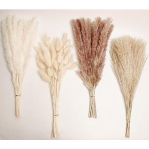 Natural Dried Pampas Grass Decor, 100 PCS Pampas Grass Contains White Bunny Tails Dried Flowers, Reed Grass Bouquet for Wedding Boho Flowers Home Table Decor, Rustic Farmhouse Party (17")