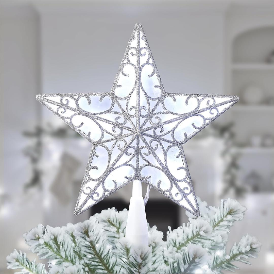 Brightown Christmas Tree Topper Star Lighted 3D Hollowed Sliver Pentagram Built-in 10 Bulbs Glitter Sparkling White Christmas Tree Star Topper Plug in Vintage Indoor Holiday Xmas Decorations Ornaments