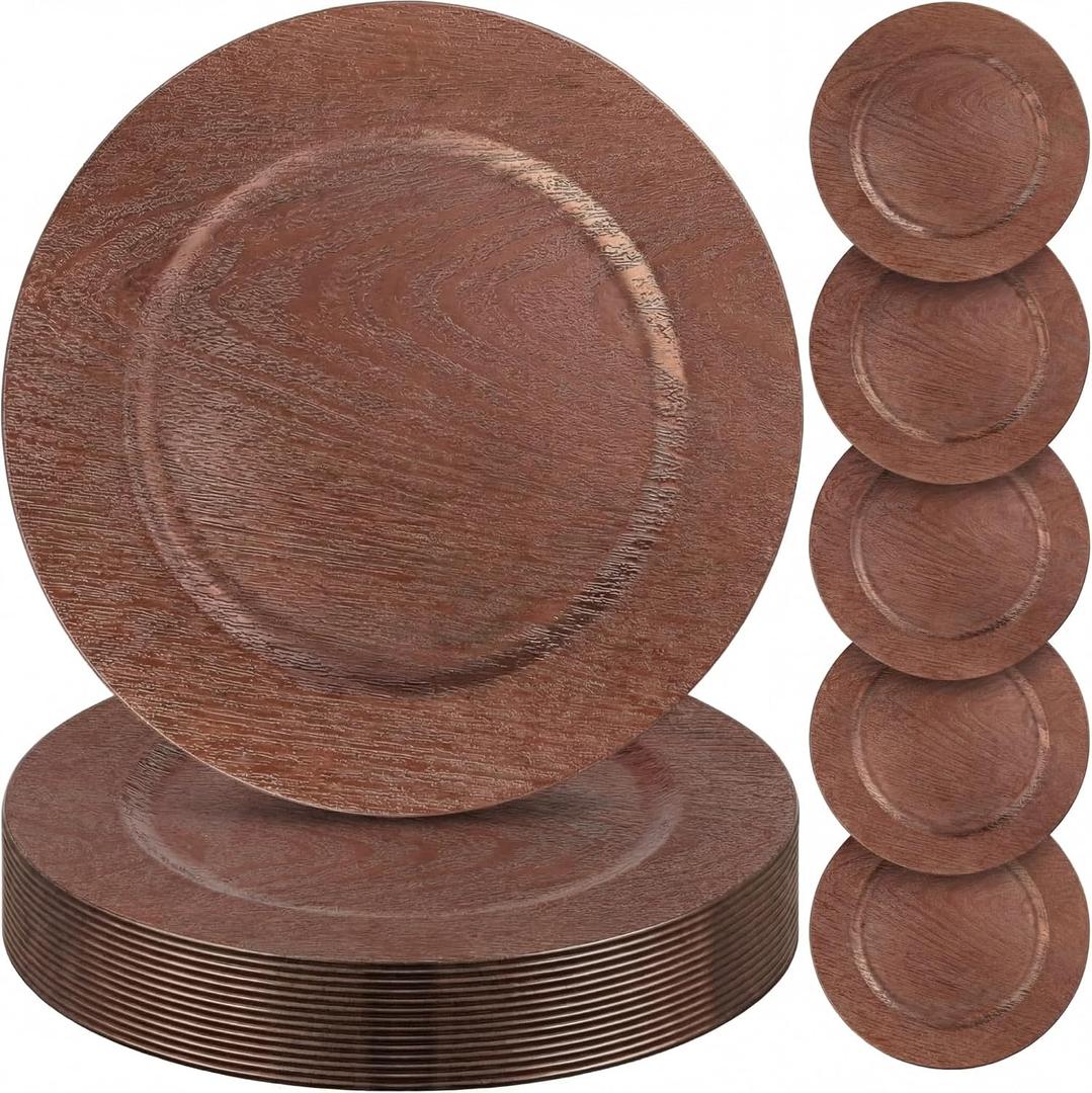 Mifoci 100 Pcs Faux Wooden Charger Plates 13 Inch Round Rustic Plastic Plates Antique Design Bulk Decorative Chargers for Dinner Tray for Wedding Dinner Table Farmhouse Party Event (Brown), about 13 x 13 inches