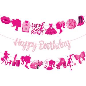 3Pcs Hot Pink Girl Happy Birthday Banners Glitter Hot Pink Princess Birthday Party Decorations for Girls Doll Theme Baby Shower Ladies Bachelorette Party Supplies