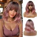 Esmee 14 Inches Short Pink Wigs with Fringe for Women Natural Synthetic Hair Ombre Wig with Dark Roots Loose Wavy Wigs for Cosplay Daily Party Wear