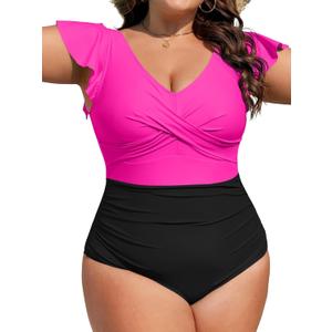 B2prity Women's Plus Size One Piece Swimsuit Tummy Control Ruffle Bathing Suit V Neck High Waist Wrap Swimwear (XX-Large, Hot Pink,black)