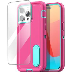 AICase for iPhone 15 Pro Max Case Built-in Stand with Glass Screen Protector,Heavy Duty Drop Protection Full Body Rugged Shockproof Military Protective Tough Durable for iPhone 15 Pro Max 6.7"_5 (Hot Pink/Blue+Glass Protector)