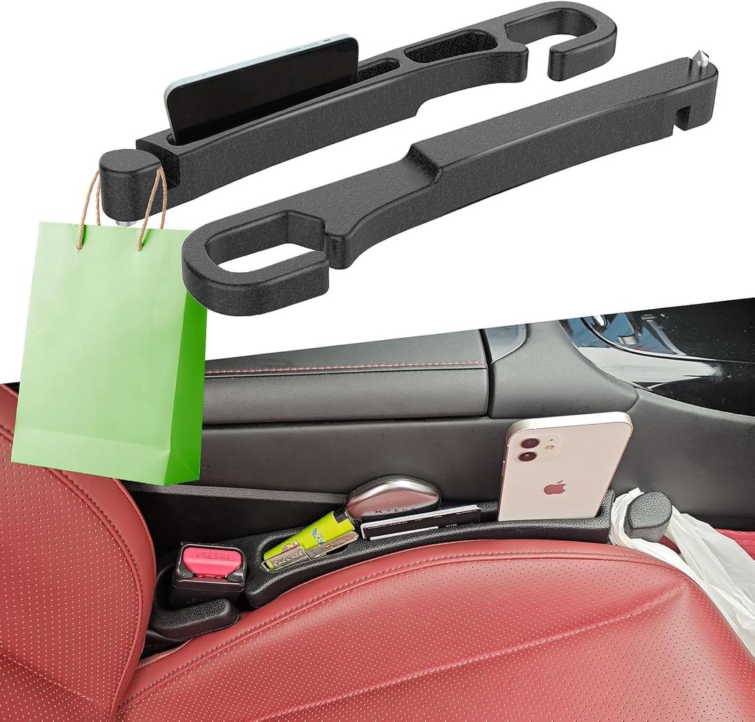 2 Pack Car Seat Gap Filler with Storage, Organizer, Hook & Emergency Glass Breaker, Universal for Cars Trucks SUVs, Stop Items from Falling
