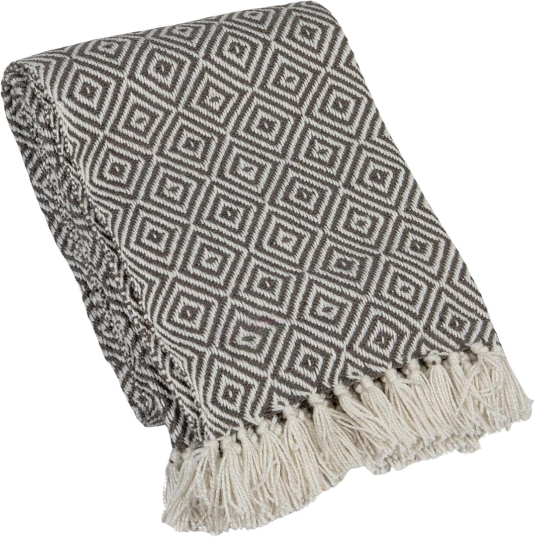 Creative Co-Op Hand-Woven Reclaimed Fabric Throw with Pattern and Fringe, Charcoal and Cream