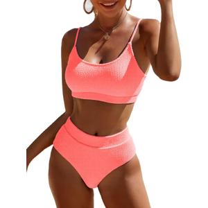 Fanuerg Women's Ribbed High Waisted Bikini Sets Scoop Neck Two Piece Swimsuits Spaghetti Strap Textured Bathing Suit (Pink, S)