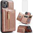 Phone Case for iPhone 14 6.1 inch Wallet Cover with Tempered Glass Screen Protector and Credit Card Holder Slot Glitter Stand Leather Cell iPhone14 5G i i-Phone i14 iPhone14case Women Girls Pink