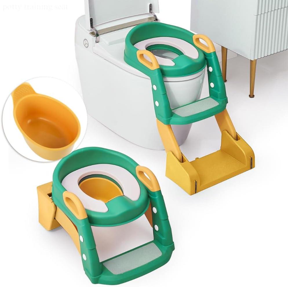 3 in 1 Toddler Potty Training Seat Chair with Ladder and Basin for Boys and Girls, Adjustable Kids Potty Training Seat for Toilet with Anti-Slip Wide Steps and Safety Handles (Green)