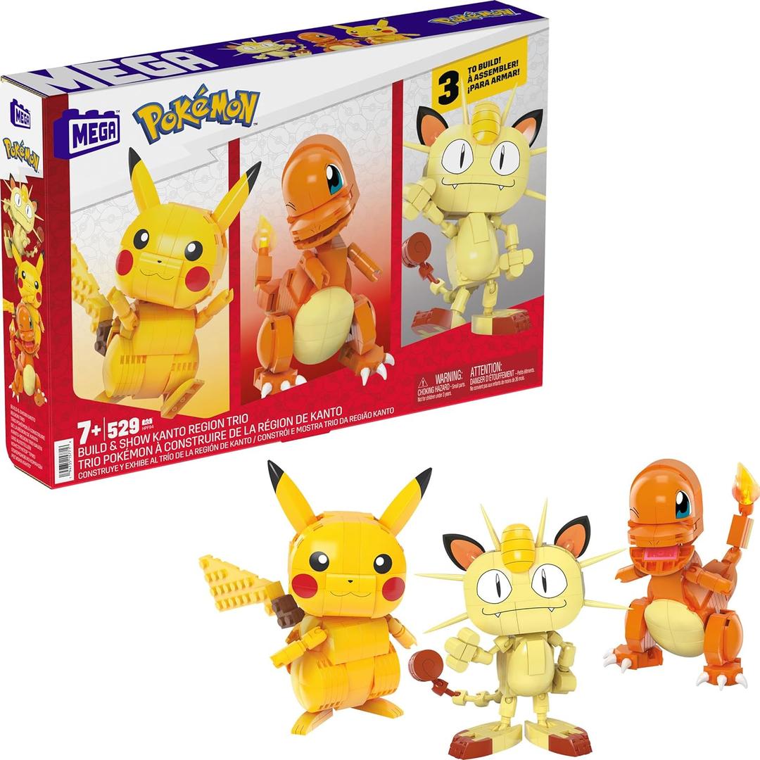 MEGA Pokemon Action Figure Building Toys for Kids, Kanto Region Trio with 529 Pieces, Buildable and Poseable Pikachu Charmander Meowth