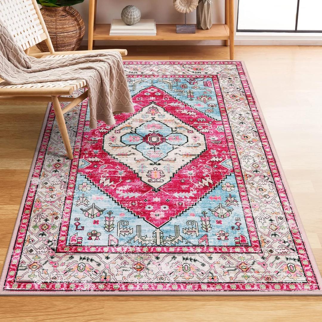 Lahome Boho 3x5 Area Rug Washable Entryway Kitchen Rug, Non-Slip Small Bathroom Rug, Lightweight Bedroom Throw, Oriental Distressed Print Carpet for Entryway, Sofa, Nursery, Kids Room (Pink)