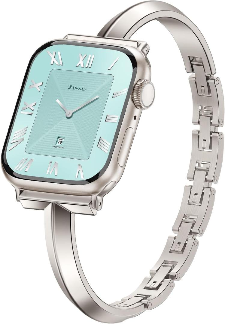 Missair Thin Band Compatible with Apple Watch 38mm 40mm 41mm 42mm 44mm 45mm 46mm 49mm for Women, Slim Bracelet Designer Dressy Stainless Steel Metal Strap for iWatch Series 11 10 9 8 7 6 5 4 SE Ultra (Starlight)