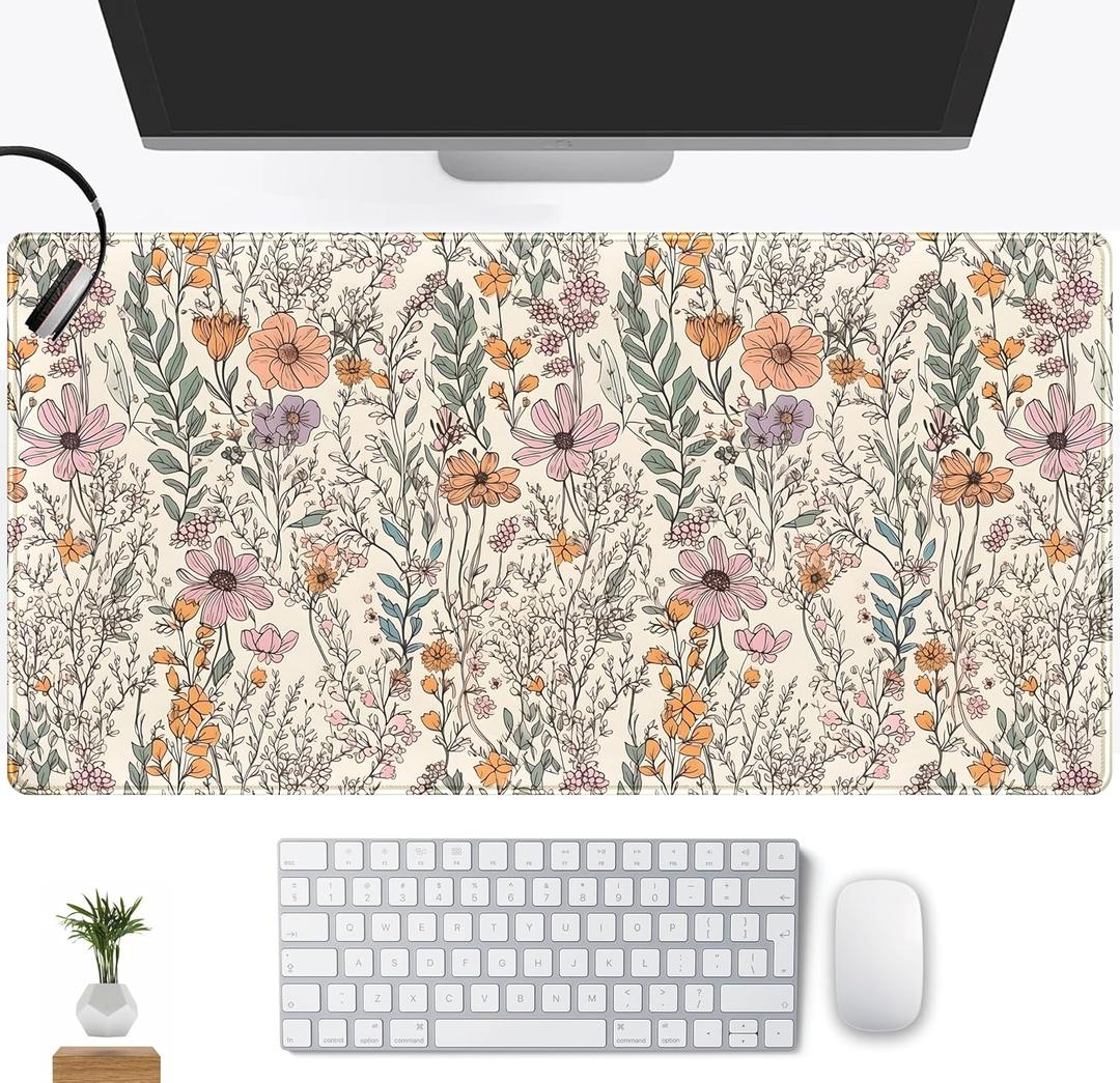 Wild Flowers Gaming Mouse Pad, Floral Cute Keyboard Mouse Mat, Full Desk Protector, Aesthetic Desk Decor 31.5"x15.75" (Colorful Vintage Flowers)