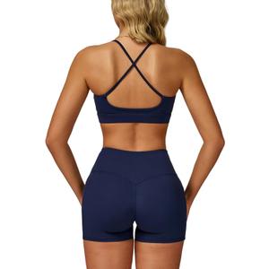 Women Two Piece Workout Sets Support Ruched Cross Back Sports Bras Matching Booty Lifting Shorts Gym Yoga Outfits (X-Small, Navy Blue_with Pocket)