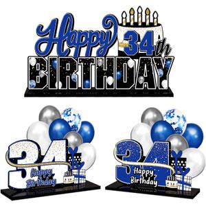 LINGTEER Happy 34th Birthday Blue Acrylic Table Topper Centerpieces Set - Cheers to 34 Years Old Birthday 34th Bday Party Gift Decorations.