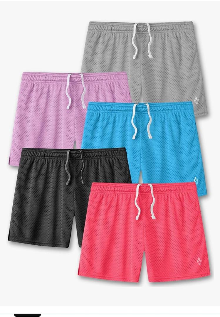 Liberty Imports 5-Pack Women's Athletic Mesh Shorts 5" Inseam, Ladies Loose Pull-On Shorts with Zipper Pockets Size L