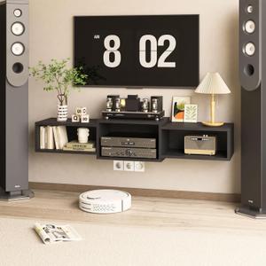 IBUYKE Floating TV Stand Wall Mounted with Power Outlet,Modern Wood Wall Mounted Media Console Shelf,Floating Entertainment Center for Under TV Storage for Living Room Bedroom Office,Black WST001B-