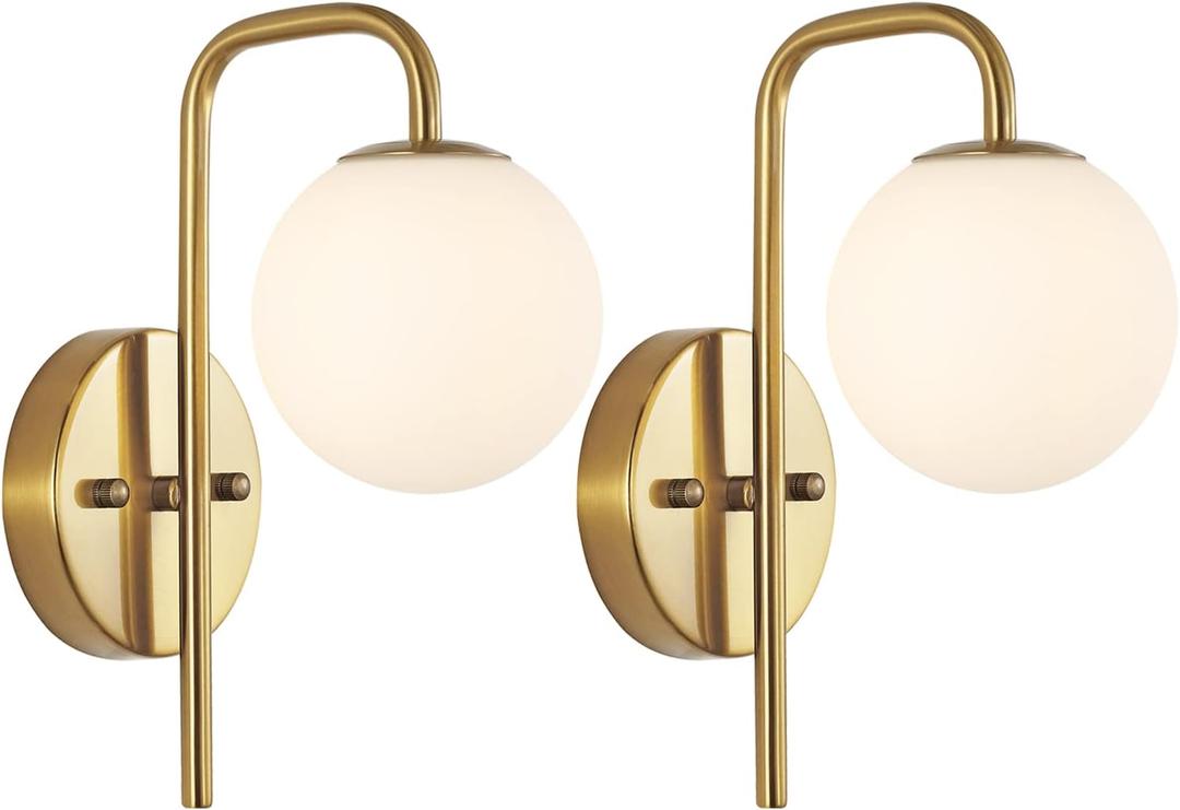 Modern Gold Globe Wall Sconce Set of 2 Industrial Mid Century Bathroom Vanity Wall Light with White Globe Glass Shade Brushed Brass Wall Lamp for Restaurant Living Room Bedside