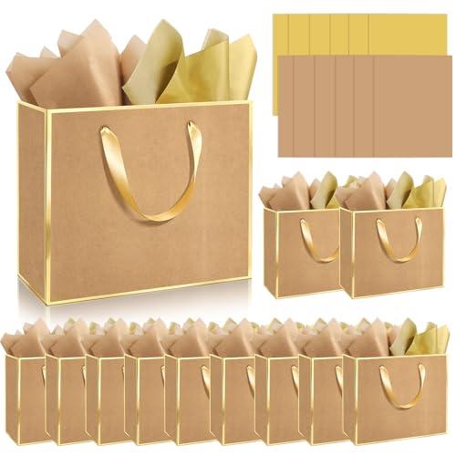 Epoesch 12 Pack Fancy Brown Gift Bags with Handles and 24 Tissue Paper, Medium Size11.8"x10"x4" Inch for Birthdays, Weddings, Party Shopping, Corporate Gifts, Easter, Mother's Day, Holiday (Kraft Gold)