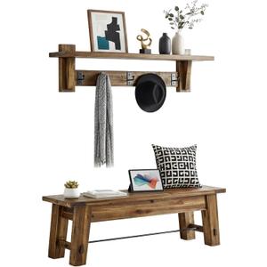 Durango 60-Inch Industrial Wood Coat Hook Shelf and Bench Set, Rustic Farmhouse Entryway Furniture with Metal Accents, 450 lbs Bench Capacity, Includes Cleat System for Easy Hanging