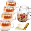 Viovian 12oz Clear Glass Coffee Mugs Set of 6 Ribbed Coffee Cups With Handles Modern Cute Glass Tea Mug Cup for Hot Beverage/Cappuccino/Latte/Cereal/Yogurt/Mocha/Milk
