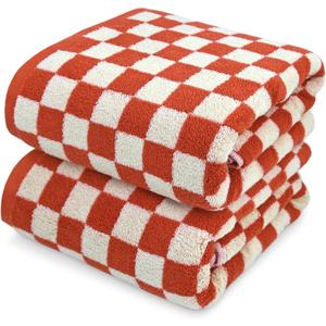 Jacquotha Ultra Soft Bath Towels 2 Pack - 520 GSM Cotton Highly Absorbent Checkered Towels Set for Bathroom Shower Pool Travel 55" x 28"(Coral)