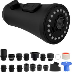Hibbent Pull Down Kitchen Faucet Head Replacement, 3-Function Kitchen Sink Spray Nozzle with 15 Adapters, Compatible with Moen, American Standard, Delta, Kohler Faucets, Matte Black